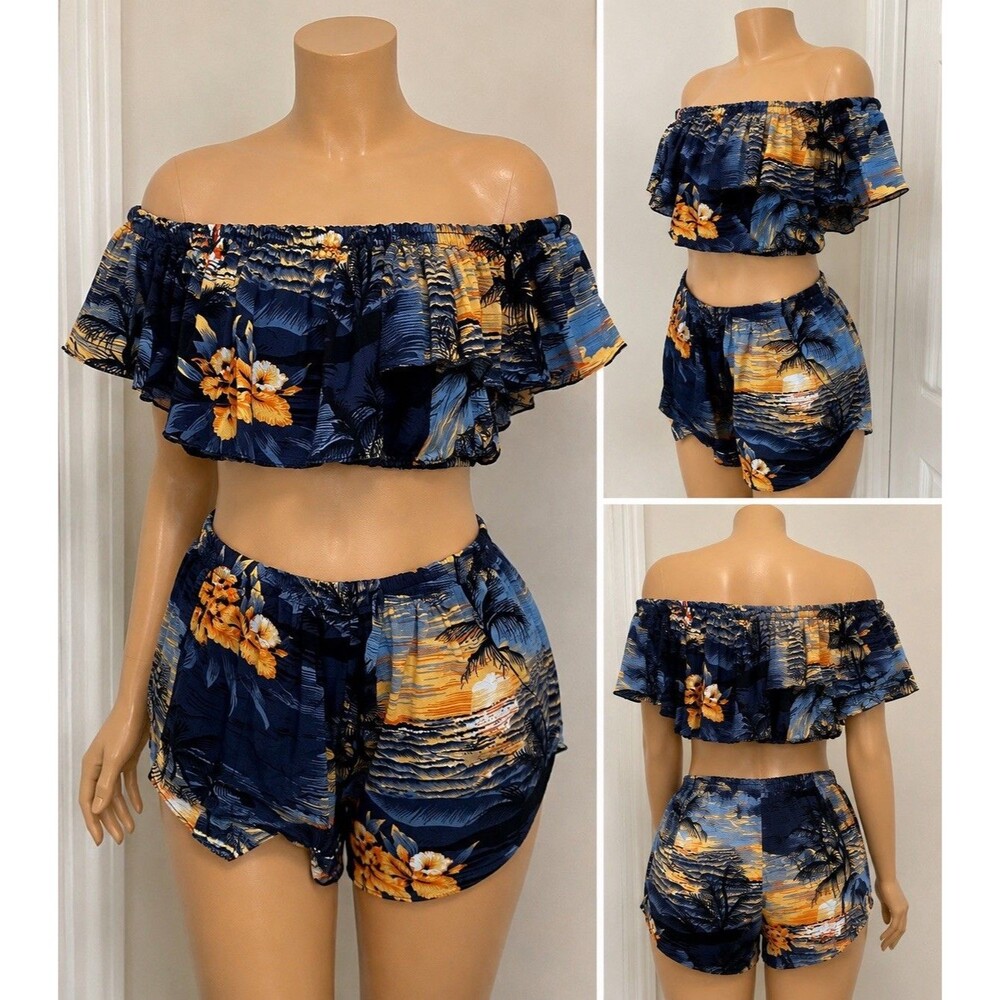 Just From Bali 2 Piece Set Women Free Size Tropical Off Shoulder Top Shorts